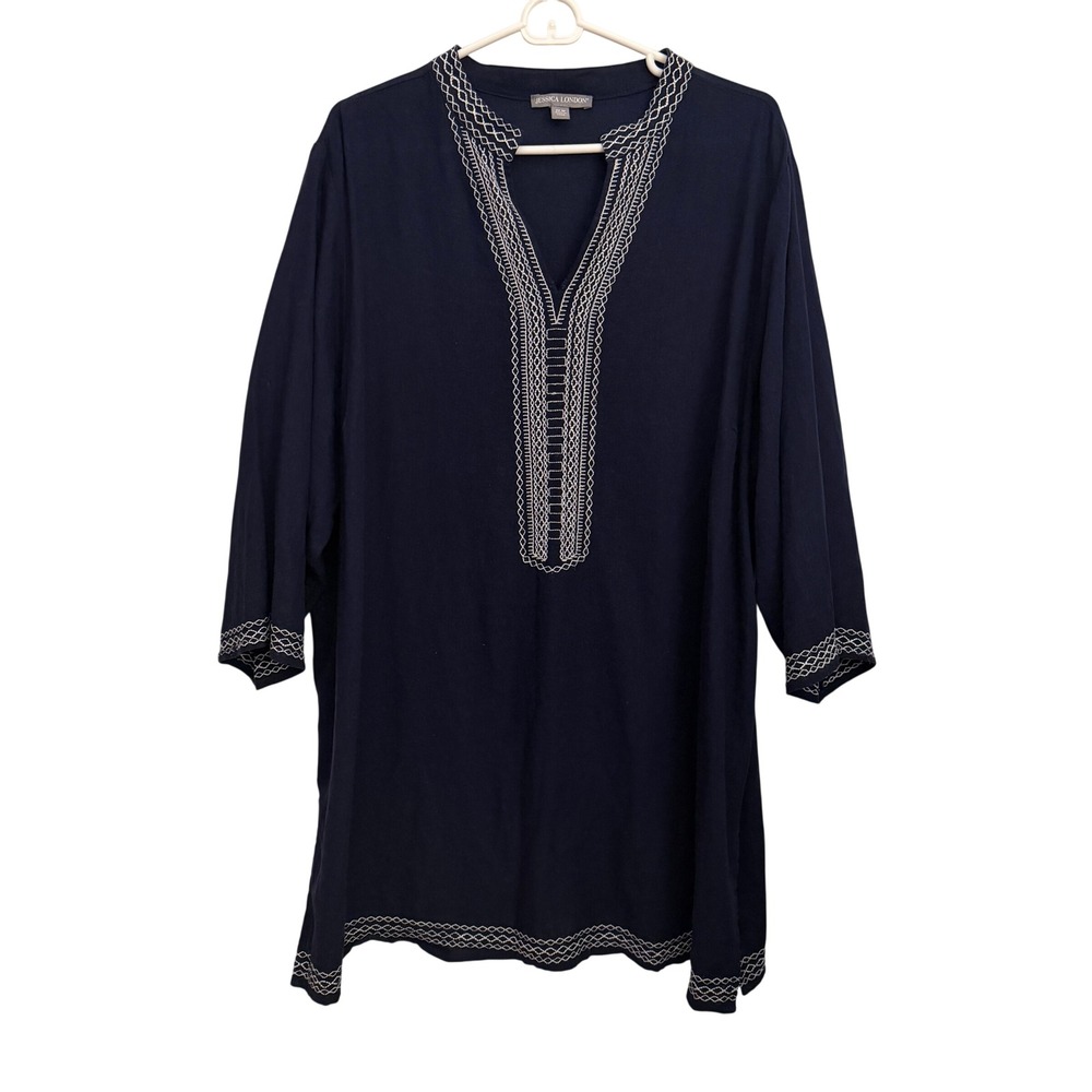 Jessica London Tunic Womens 22W Navy Blue Excellent Embroidered Linen Blend Top